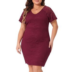 Plus Size Floral Business V Neck Short Sleeves Bodycon Lace Dress Burgundy